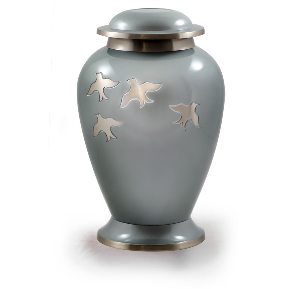 Avondale Brass Urn with Birds in Flight in Beautiful Pearl Gray – Adult – B-1611-A
