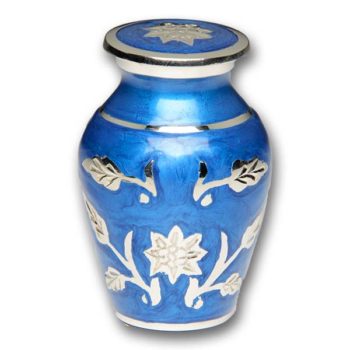 Brass Cremation Urn in Blue with Flowers – Keepsake – B-1500-K-B-NB