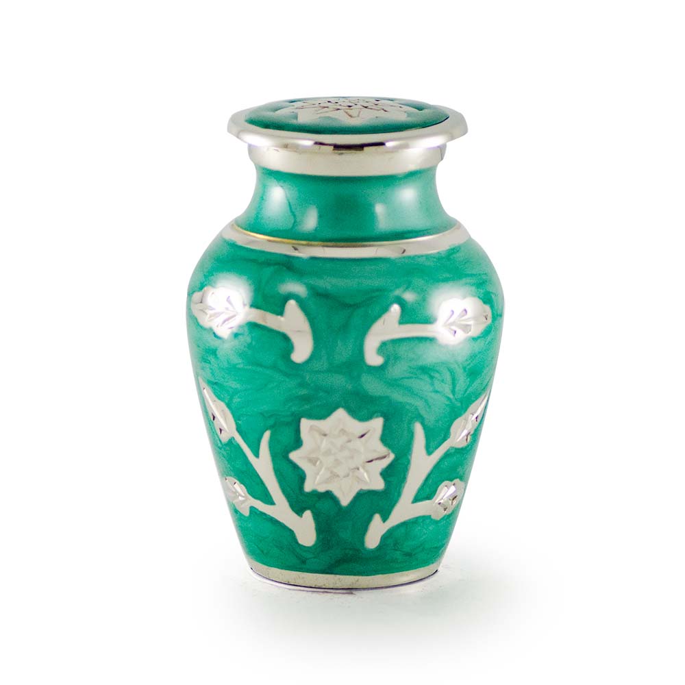 Brass Cremation Urn in Green with Flowers – Keepsake – B-1500-K-G-NB