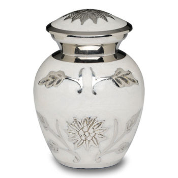 Brass Cremation Urn in White with Flowers – Keepsake – B-1500-K-W-NB