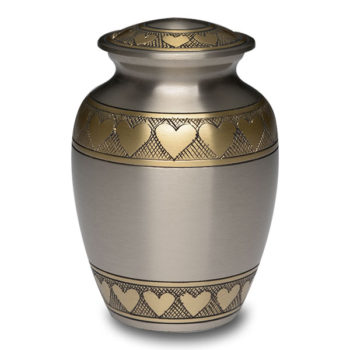 Brass Urn in Brushed Pewter Finish with Golden Brass Hearts – Small – B-2263-S