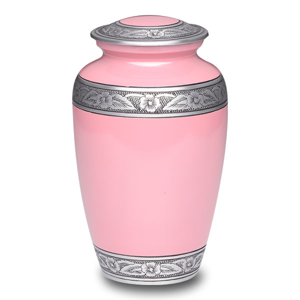 Affordable Alloy Cremation Urn Pink with Floral Band – Adult – A-3245-A