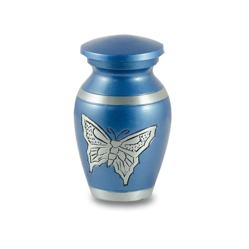 Affordable Alloy Cremation Urn in Beautiful Blue with Butterfly – Keepsake – A-2406-K-NB