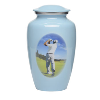 Affordable Alloy Cremation Urn in Blue with Golfer Design – Adult – A-3264-A