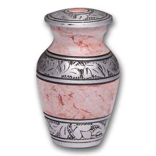 Alloy Cremation Urn – Pink Marble design with hand engraved band design – Keepsake – A-3251-K-NB